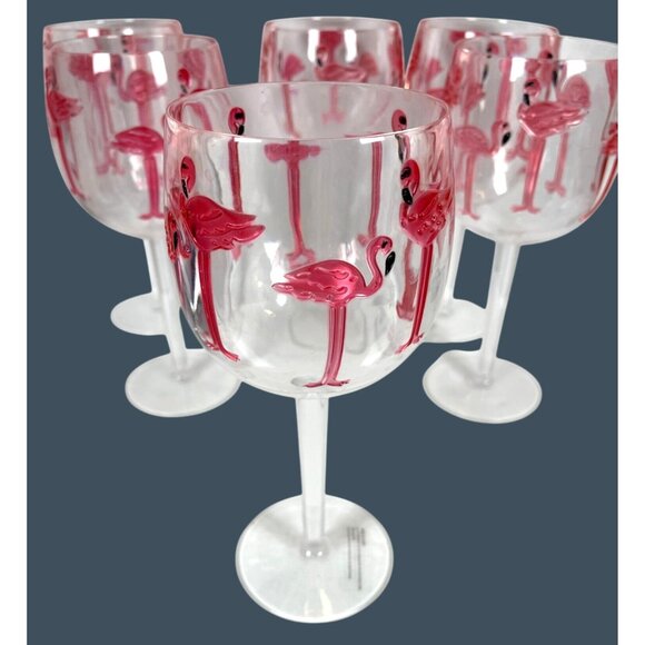 Pink Flamingo Clear Acrylic Wine Goblet Glasses Indoor Outdoor Pool Beach Party - Picture 5 of 10